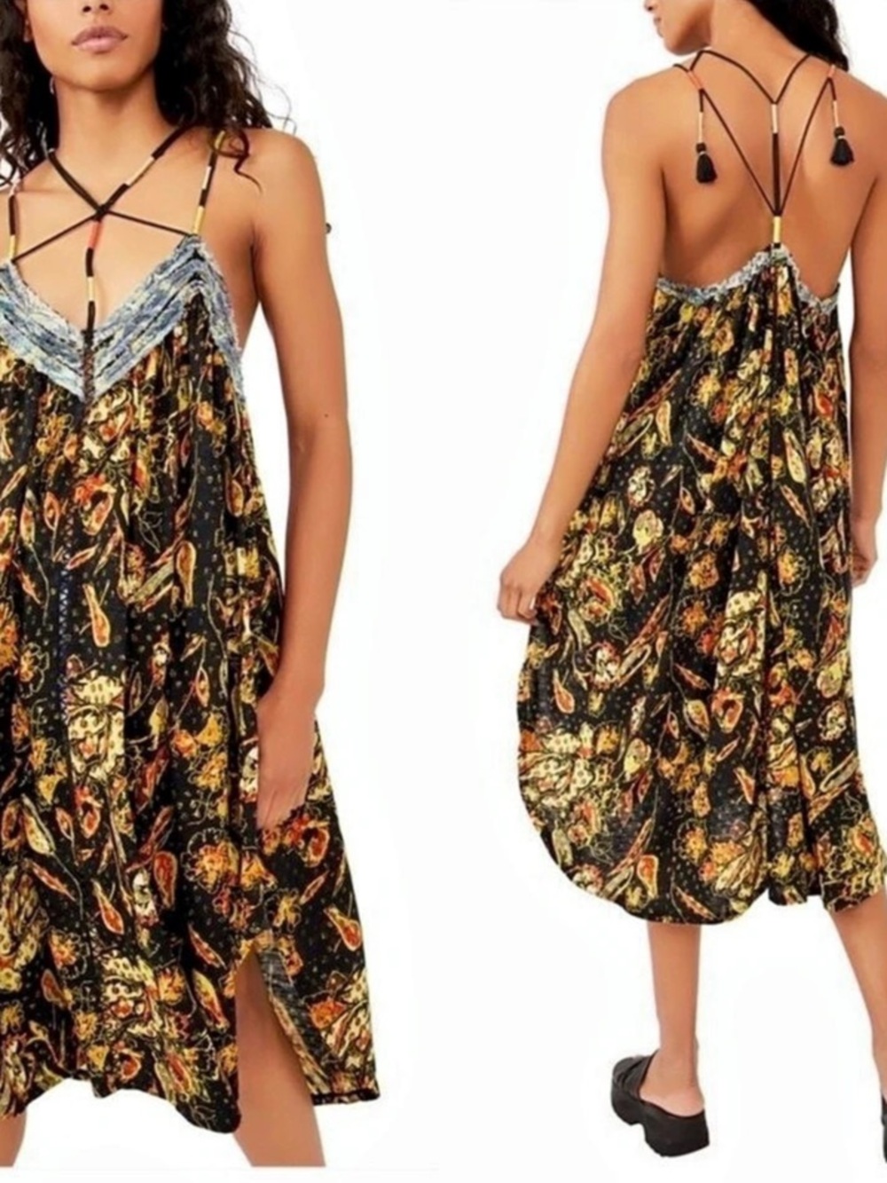 Free People Printed Midi Dress Paisley Midi Dress in Black Multicolor Size